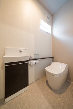 トイレは1階と2階の合計2か所に設置。玄関ホールの脇に設けたトイレには手洗いコーナーと収納、小物を飾れるカウンターを確保しています。