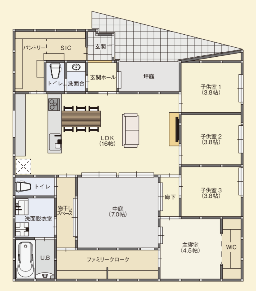 ARCHITECT STUDIO TEGOKORO （遠藤建築店） 中庭のあるリビングが広く見える平屋 1階