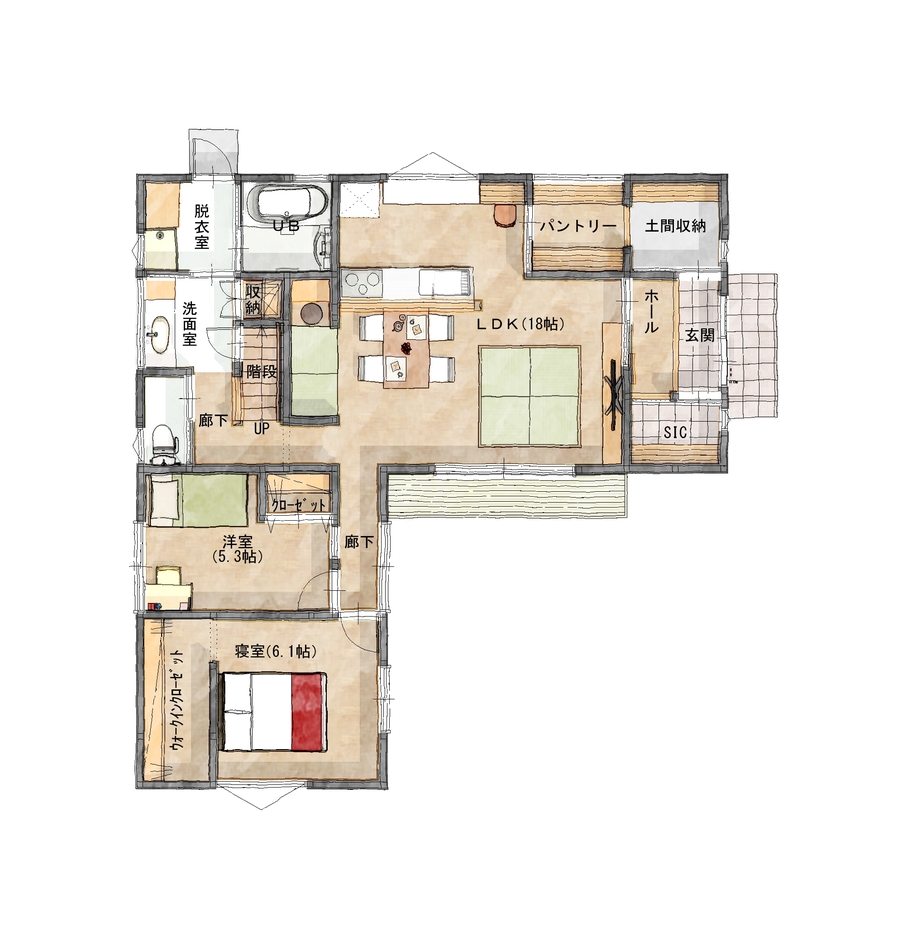 仲田工務店 おうち時間を楽しむ、木のぬくもりが心地よい平屋のおうち １階