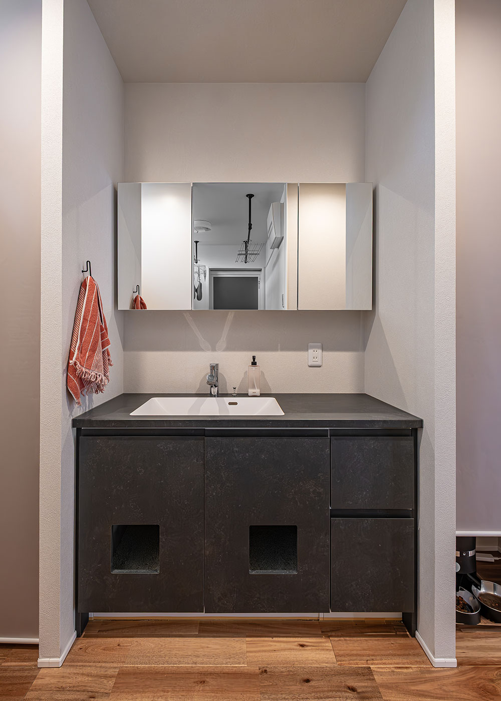 R＋house御殿場（岳南建設）【省エネ、ペット、建築家】独立した洗面室。洗面台の下の扉は設置時にくり抜いてもらい、中を猫のトイレに。プライベートゾーンにあるので来客の目にも触れず、掃除もしやすい