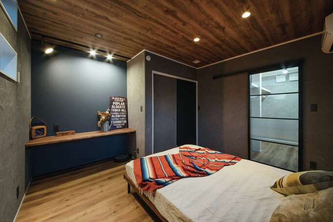 ワークスペースとウォークインクローゼットを備えた主寝室。スマホで自動的に防犯シャッターを開閉することができる