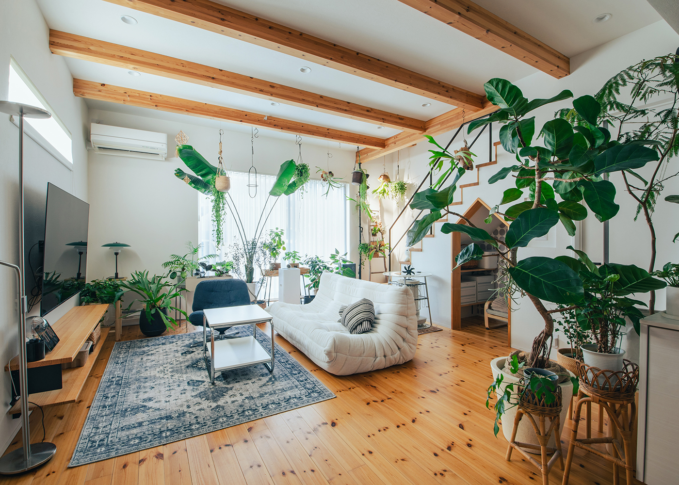 SEVEN HOUSE/セブンハウス【子育て、収納力、間取り】明るいリビングは観葉植物で彩り、天然の木材を使用した床が温かみを感じさせ、一息つける場所である