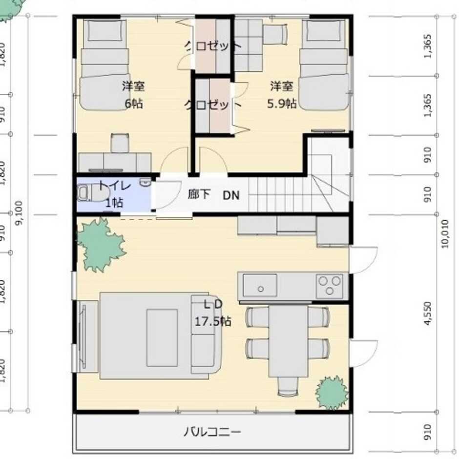 建築システム（狭小住宅専門店） プラン５－間口６．３ｍ（３．５間）　２階建て　延床面積１１４㎡（３４．４坪） ２階