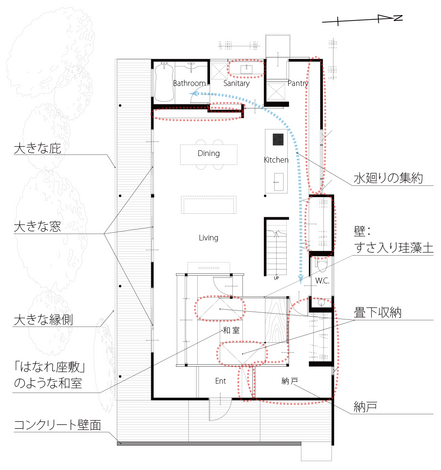 建築設計事務所 KADeL 日本の昔の住宅に倣った平屋のように暮らせる「瓦の家」 １階