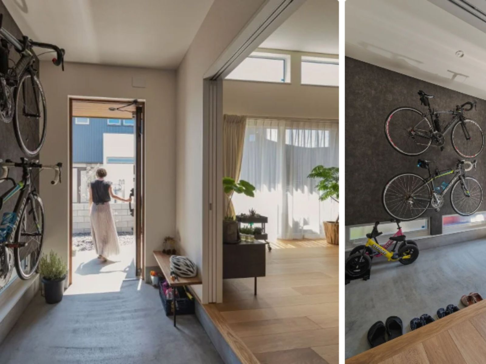 ユースフル｜自転車を壁に収納したスタイリッシュな土間スペース。左側には広がるリビングが見え、外へのアクセスも便利な設計である。