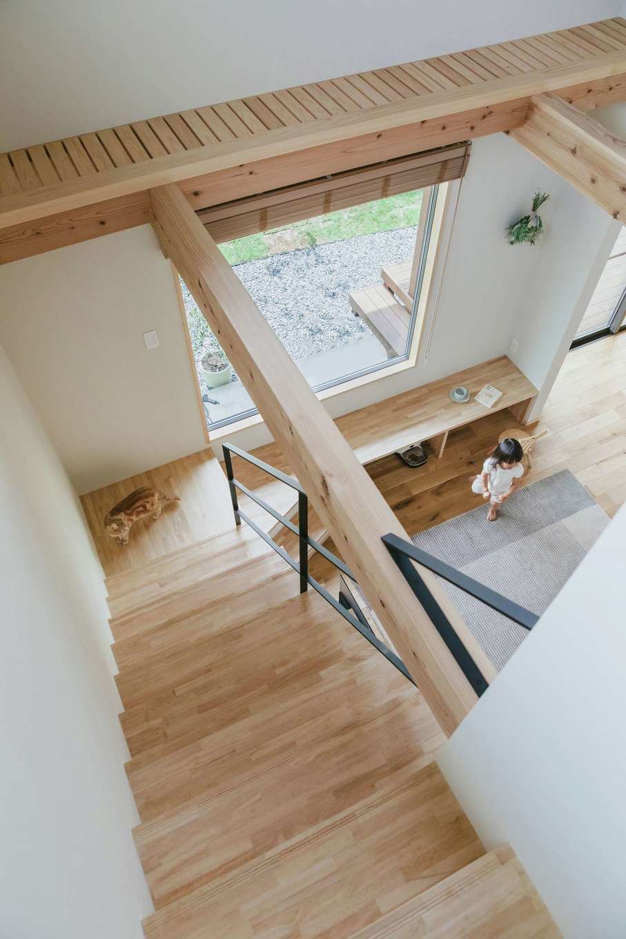 フジモクの家（富士木材）【デザイン住宅、自然素材、間取り】吹き抜けにはキャットウォーク。客間となる1室を除いて、すべての部屋にキャットドアが備えられている