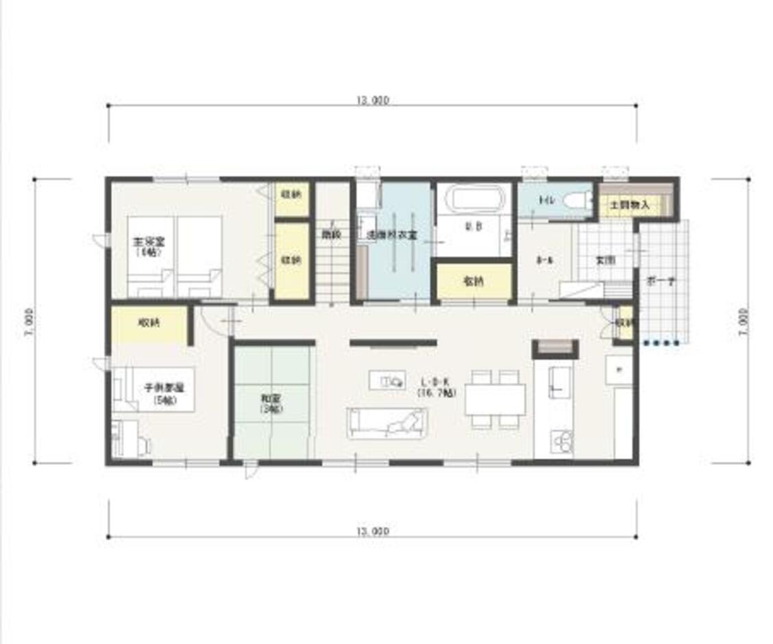 エフエフ住宅 小屋裏収納がある約28坪の自然光満ちる暖かな空間の平屋の家 1階