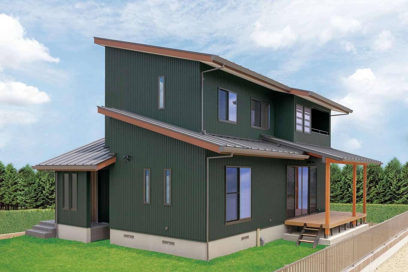 住まいるコーポレーション【子育て、自然素材、省エネ】モスグリーンの外壁が個性的な外観。2段の片流れの屋根がシャープで美しいフォルムを形成している