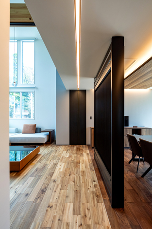 広々とした開放感のあるLDK空間。木目調の床と天井が温かみを加え、モダンなインテリアデザインが施されている。大きな窓からは自然光がたっぷり注ぐ。