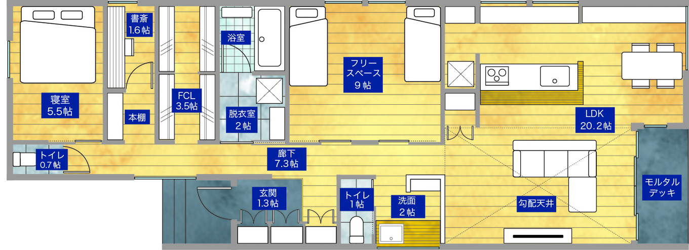 平屋建築ブルーハウス 三角窓が個性を放つ開放的な平屋 1階