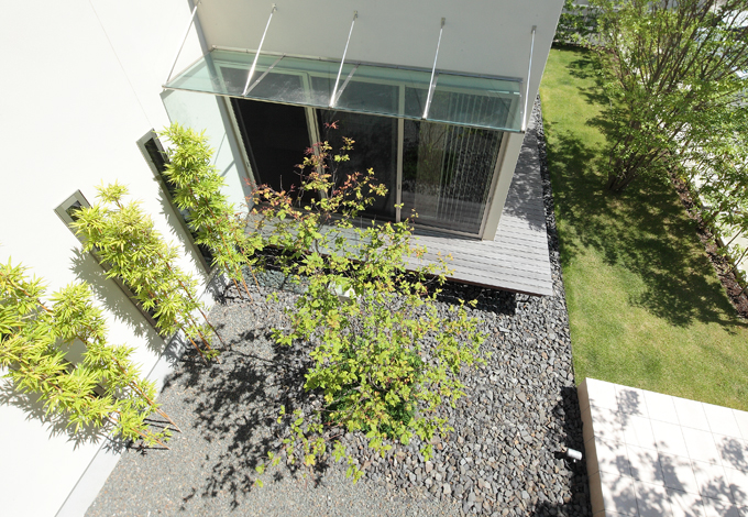 久保田建設【デザイン住宅、趣味、間取り】中庭の中央には落葉樹のナツハゼ。繊細な形状が美しいガラスの庇はオリジナル