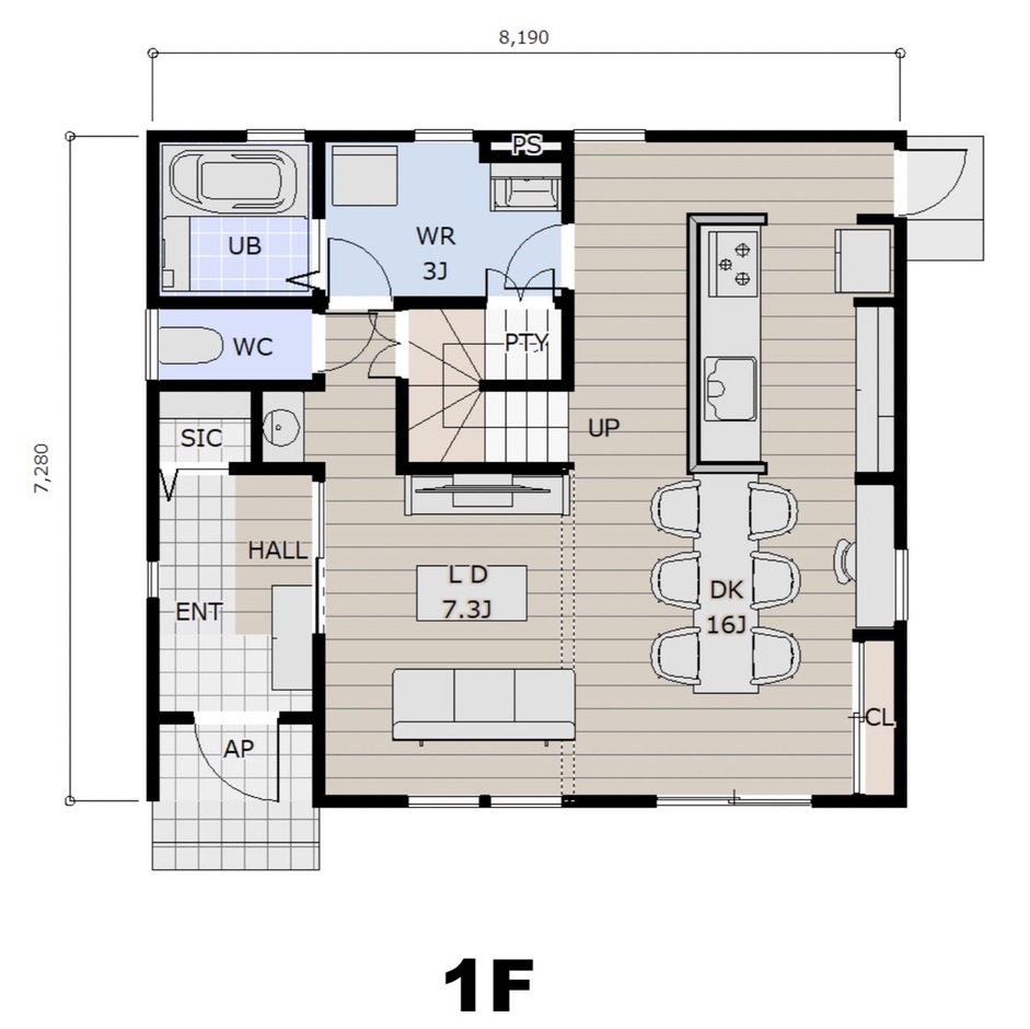 コンチネンタルホーム 大空間のLDKとアイランドキッチンを据えた、回遊導線プラン 1階
