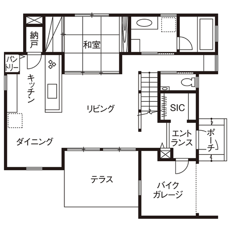 SEIEN ARCHITECT バイクガレージと中庭のある家で楽しむのびのび生活 1F