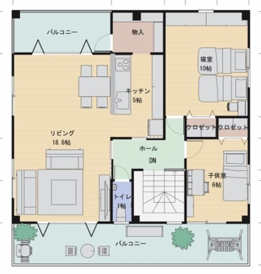 建築システム（狭小住宅専門店） プラン３７－間口１０ｍ（５．５間）　鉄骨２階建てビルトインガレージ　延床面積１４６㎡（４４．２坪） ２階