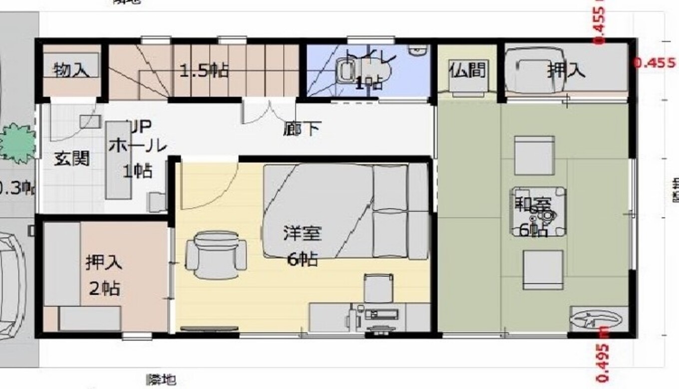 建築システム（狭小住宅専門店） プラン１１－間口４．５ｍ（２．５間）　３階建て　延床面積１１２㎡（３３．８坪） １階