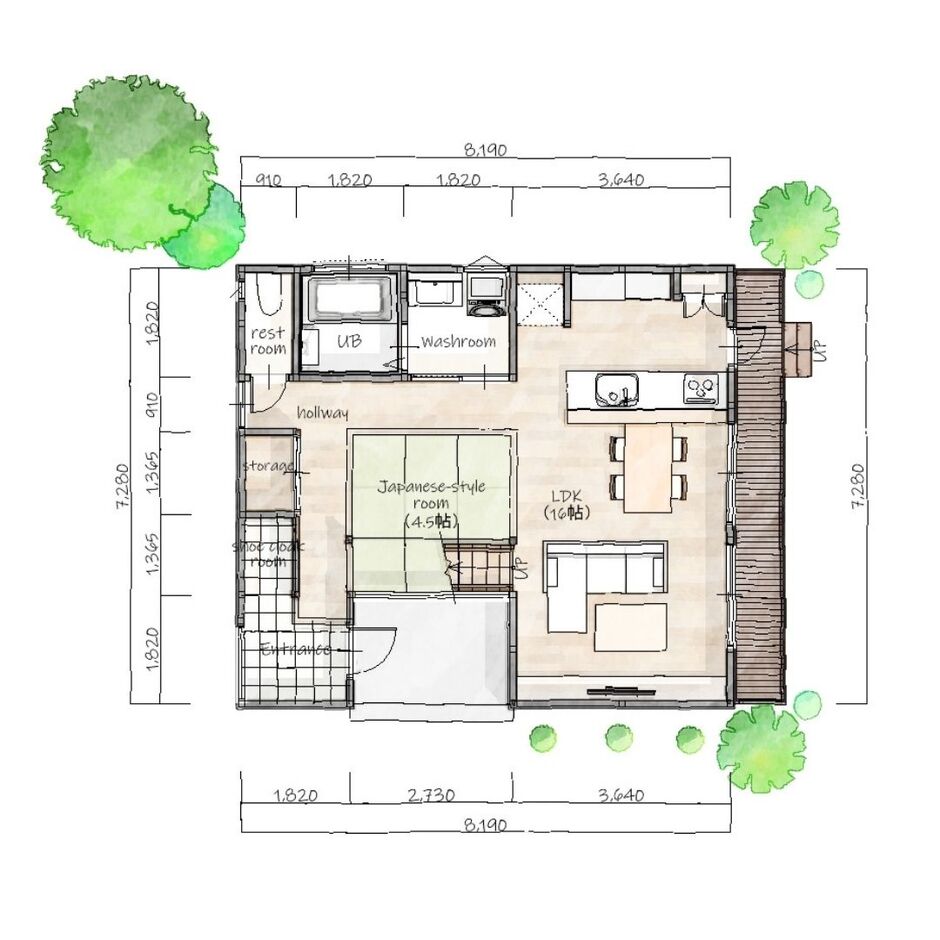 瀧口建設 ファミリー向け２階建てプラン　セカンドリビングで楽しみ方もフリー １階平面図