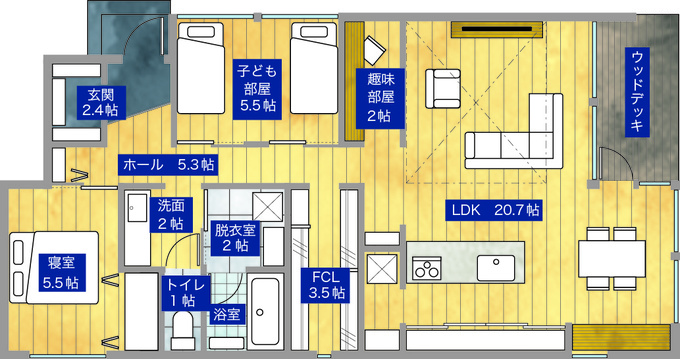 平屋建築ブルーハウス 「楽しむ」を重視した、和モダンが香る28坪の平屋 1階