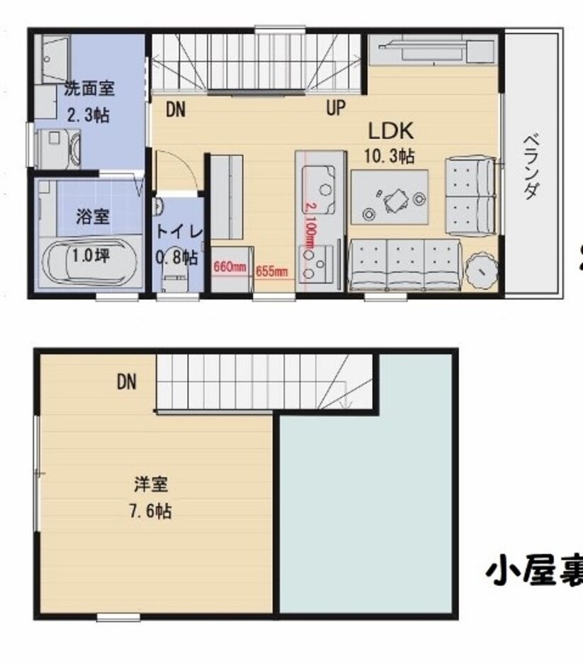 建築システム（狭小住宅専門店） プラン３８－敷地１６坪ロフト７．６帖 間口４．０ｍ（２．２間）　２階建て　延床面積５７㎡ ２階＋ロフト