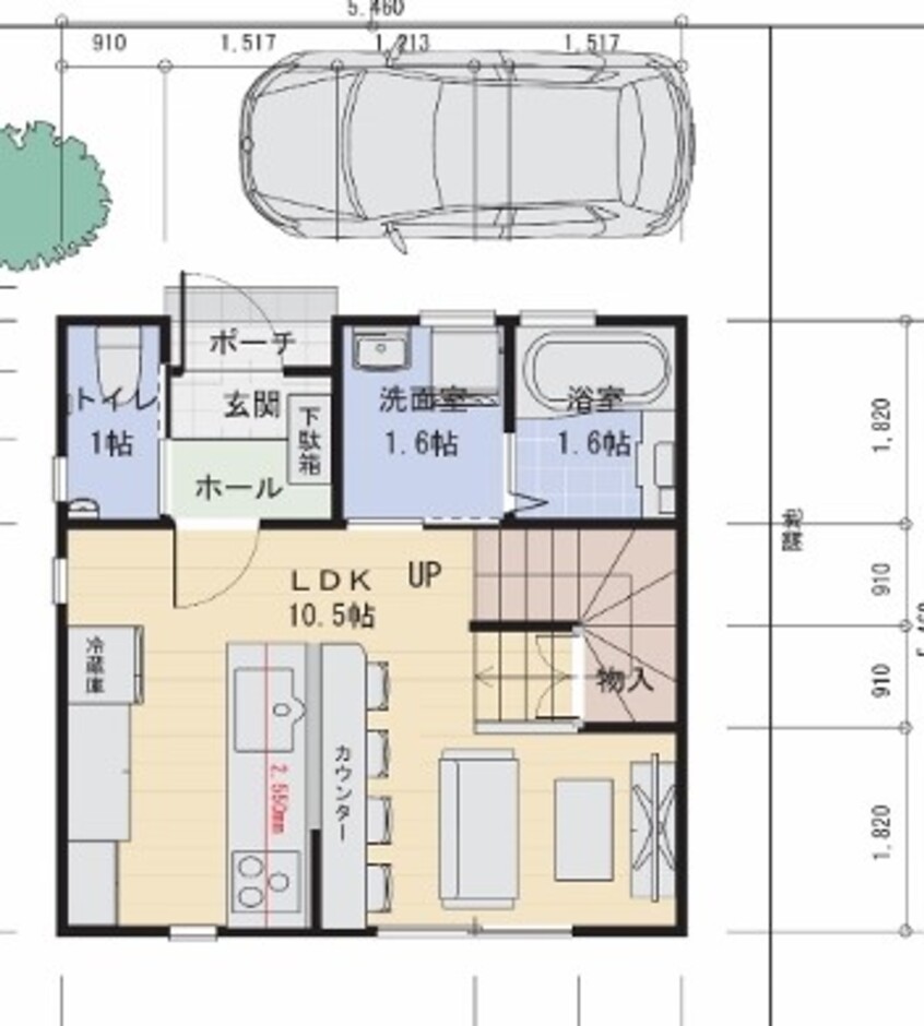 建築システム（狭小住宅専門店） 狭小プラン４１－間口５．４ｍ（３間）　２階建て　延床面積５９㎡（１８．０坪） １階