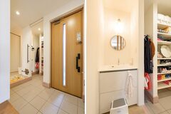 約1帖の土間収納には、靴や外出用品だけでなく、ハンガーパイプを2段設置し子供用のアウターも収納できるよう設計しました。
来客時にはロールスクリーンを下ろしてスッキリした印象に！