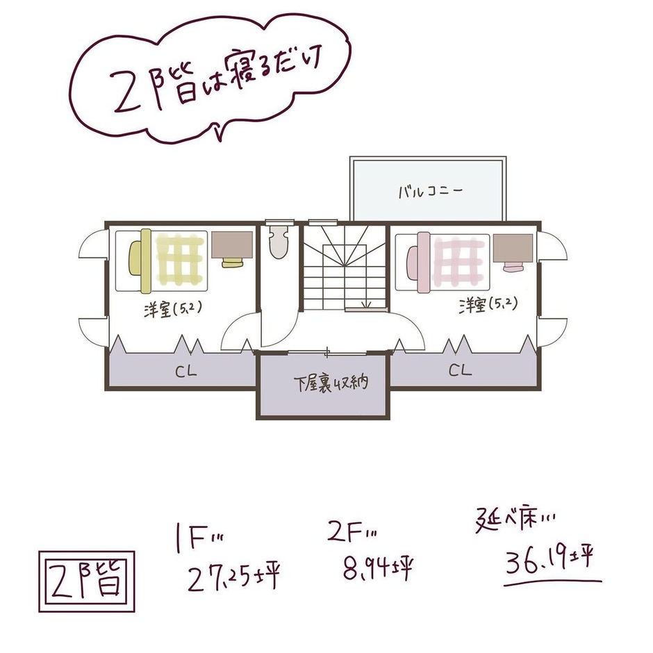 子育て安心住宅 Design Craft Office 家事のしやすい直線動線と広々下屋裏収納のあるほぼ平屋の間取り ２階