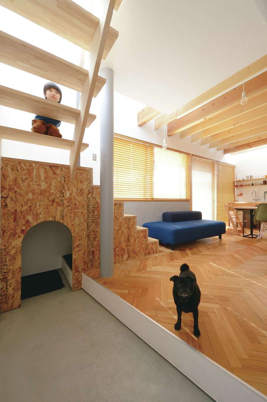 MABUCHI【デザイン住宅、狭小住宅、間取り】土間続きの階段下には愛犬の部屋がある。壁に用いたOSB合板がヘリンボーンの床とベストマッチ