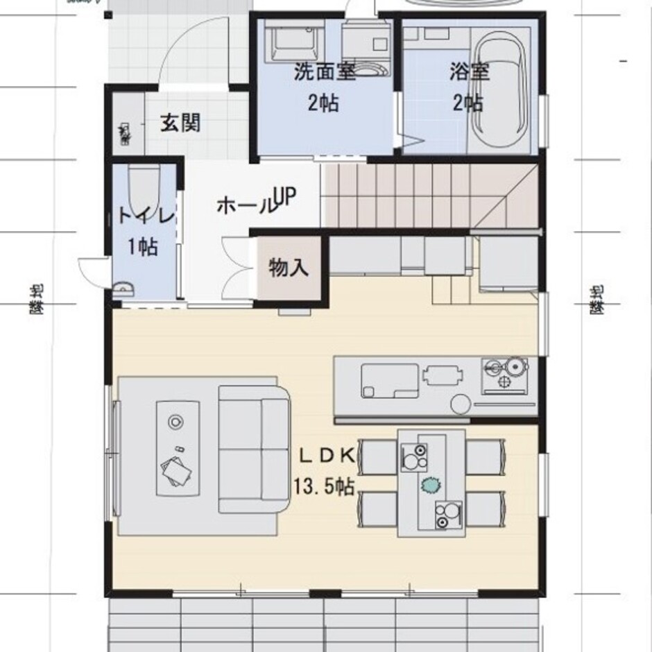 建築システム（狭小住宅専門店） プラン２－間口５．４ｍ（３間）　２階建て　延床面積８８㎡（２６．６坪） １階