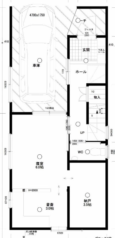 建築システム（狭小住宅専門店） プラン１５－間口４．５ｍ（２．５間）　３階建て　延床面積１２０㎡（３６坪） １階