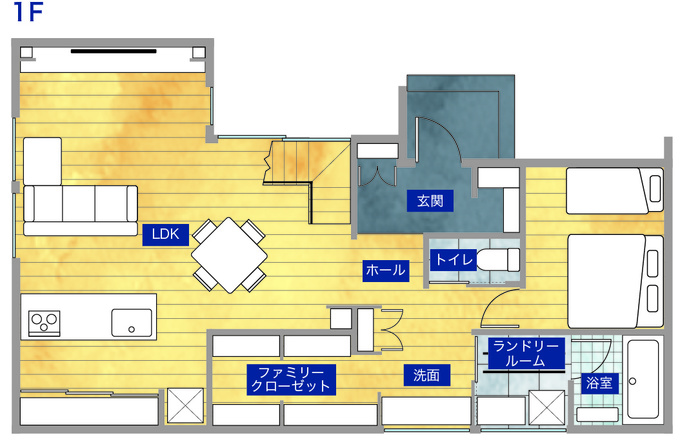 平屋建築ブルーハウス 平屋のように暮らせる、マットなグレーの二階建て 1階