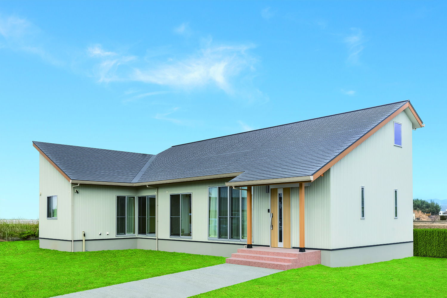 住まいるコーポレーション【自然素材、省エネ、平屋】小屋裏付きのL字型の平屋の外観