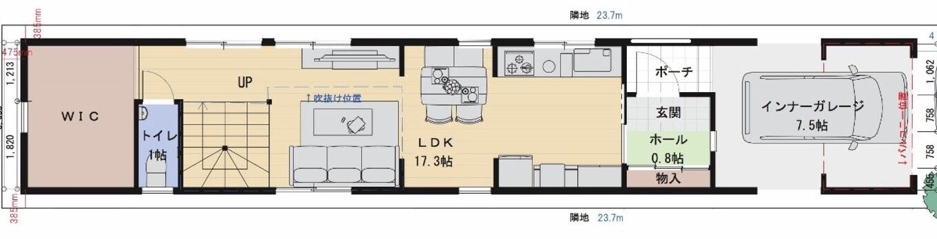 建築システム（狭小住宅専門店） プラン２７－敷地１５坪 間口３．０ｍ（１．６間） ２階建ビルトインガレージ　延床面積９８㎡（２９．６坪） １階