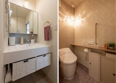 親世帯：リビングから直接アクセスできる洗面室とトイレは、来客時も家族の日常にも使いやすい便利な動線。トイレは照明の陰影が美しい、クラシカルで上品な雰囲気。