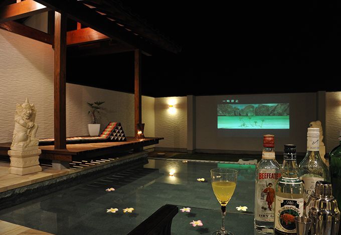 白壁は外部からの視線をカットすると共に、プロジェクターを使い贅沢なプライベートシアターに。グラス片手に、水の揺らぎを感じながら、ゆったりと自分時間を楽しめそう