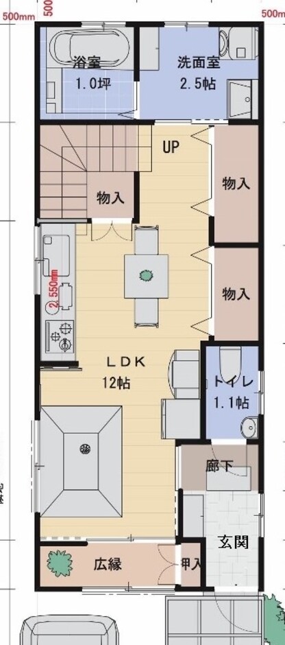 建築システム（狭小住宅専門店） プラン３０－敷地２７坪　間口４．１ｍ（２．２間）２階建２ＬＤＫ　延床面積７３㎡（２２．２坪） １階