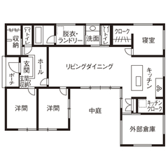 【2000万円/平屋/30坪台/3LDK/間取り図】コの字型の平屋。プライバシーを守る中庭で開放的な暮らしを満喫！