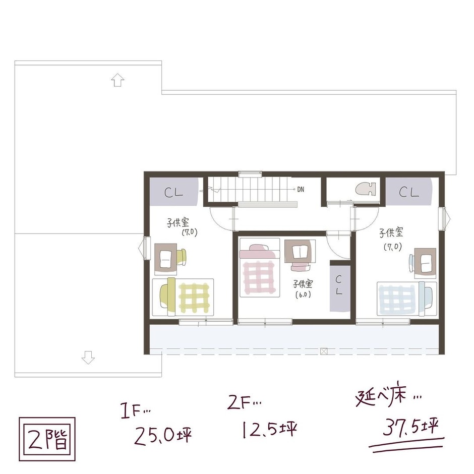 子育て安心住宅 Design Craft Office オシャレな梁見せ勾配天井のリビングが素敵な間取り ２階
