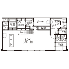 ホテルライク×ガルバリウム【ガレージハウス/50坪台/間取り図】外と中のギャップを堪能できる開放的な29畳の吹抜け