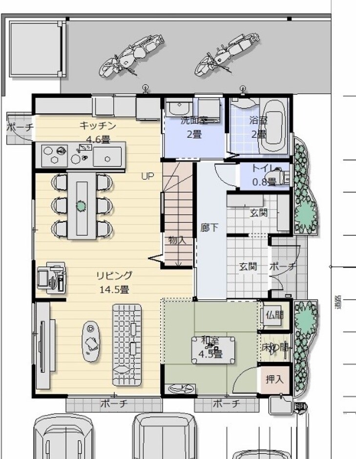 建築システム（狭小住宅専門店） プラン３５－間口７．７ｍ（４．２間）　２階建て太陽光発電　延床面積１４５㎡（４３．８坪） １階