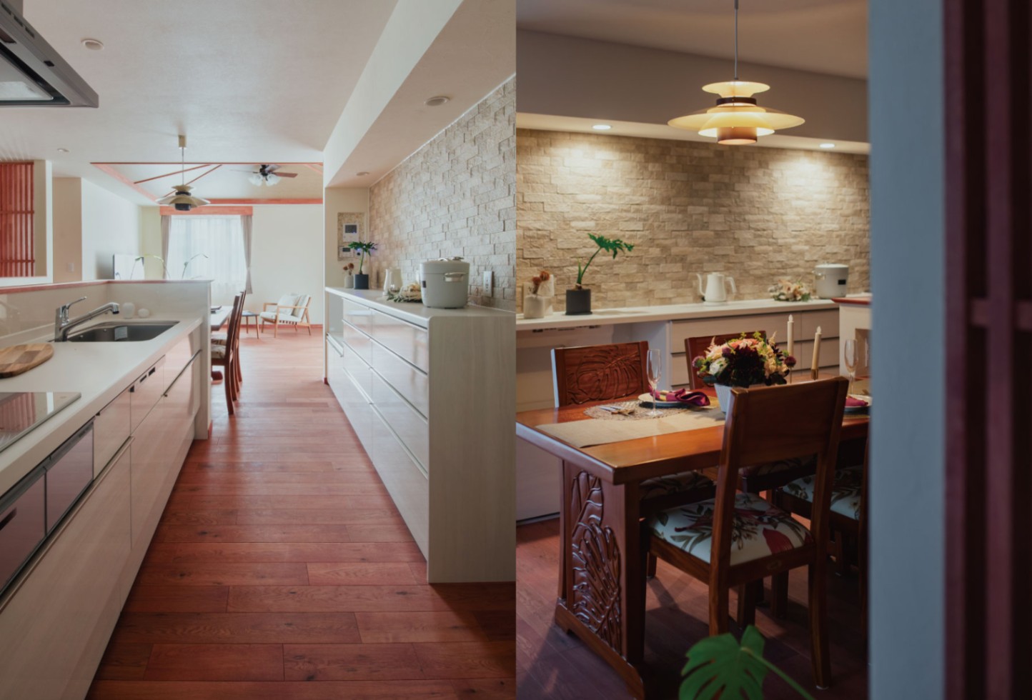 誠一建設【自然素材、建築家、平屋】昼も夜も違った表情を見せるキッチン。料理中も家族とつながれる、開かれたひと続きの暮らし