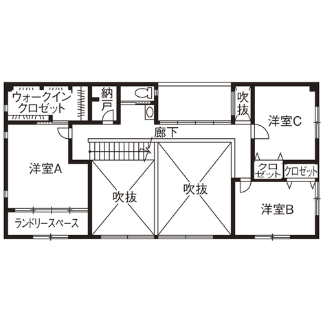クラフトホーム ホテルライク×ガルバリウム【ガレージハウス/50坪台/間取り図】外と中のギャップを堪能できる開放的な29畳の吹抜け ２F