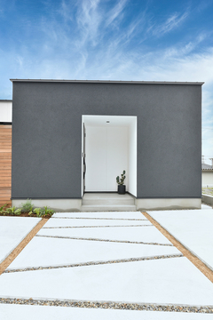 右側の建物に玄関ドアが備わる