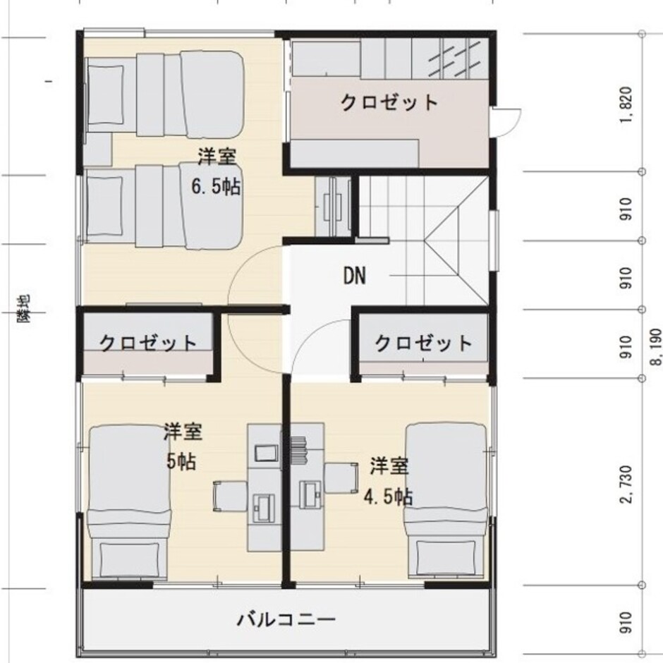 建築システム（狭小住宅専門店） プラン２－間口５．４ｍ（３間）　２階建て　延床面積８８㎡（２６．６坪） ２階