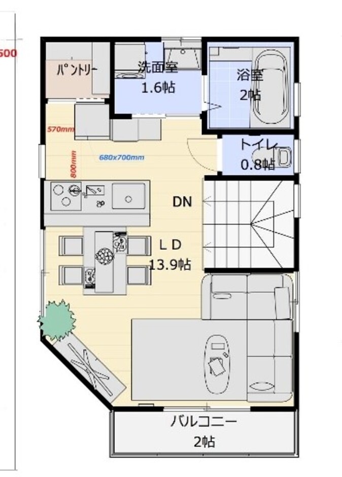 建築システム（狭小住宅専門店） プラン７－間口５．０ｍ（２．７間）　３階建て　延床面積９８㎡（２９．６坪） ２階