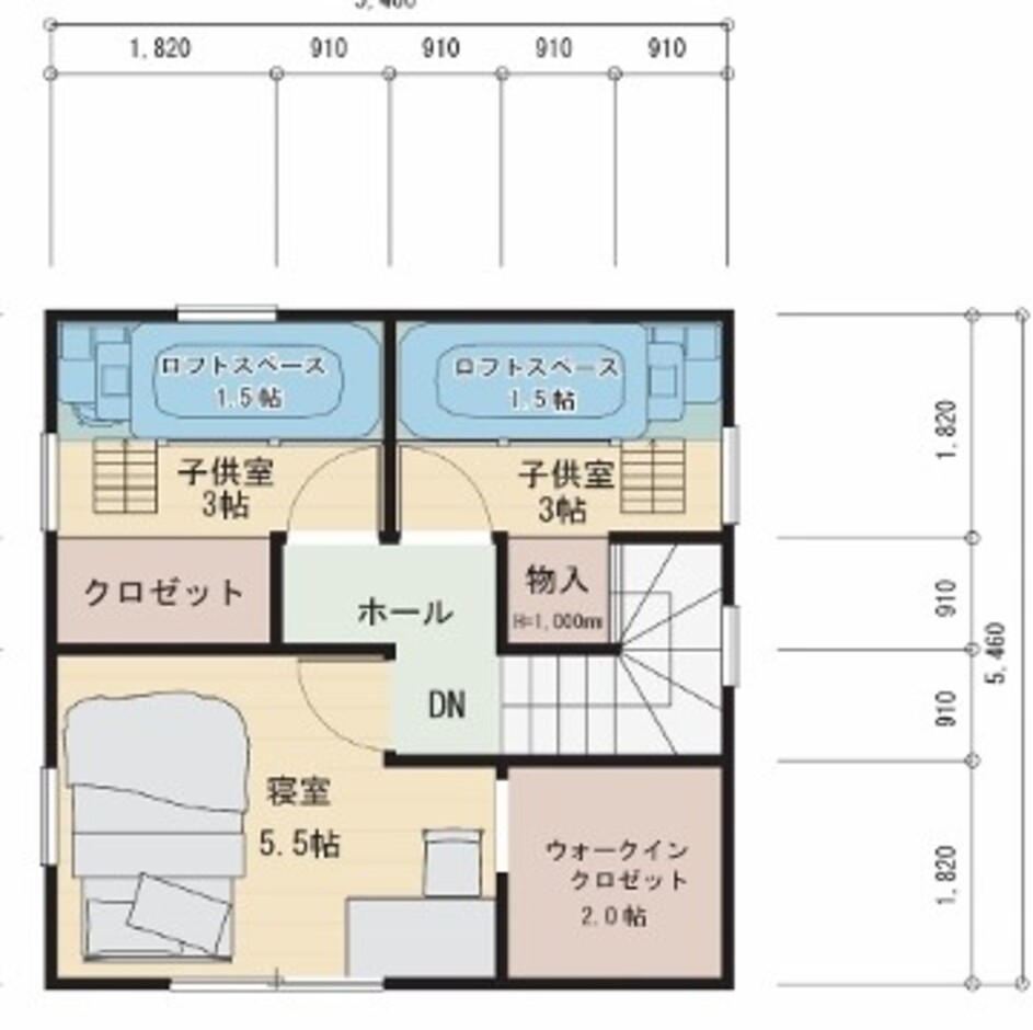 建築システム（狭小住宅専門店） 狭小プラン４１－間口５．４ｍ（３間）　２階建て　延床面積５９㎡（１８．０坪） ２階