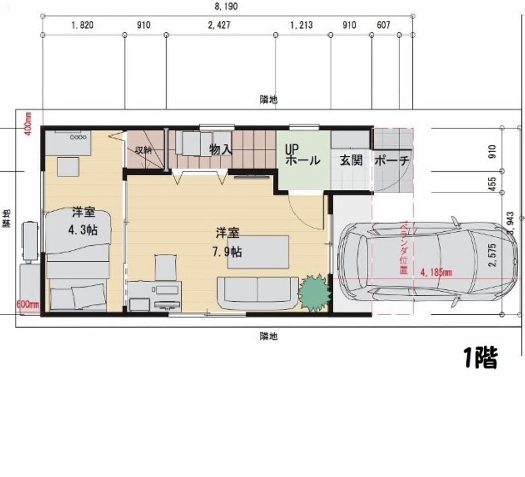 建築システム（狭小住宅専門店） プラン３８－敷地１６坪ロフト７．６帖 間口４．０ｍ（２．２間）　２階建て　延床面積５７㎡ １階