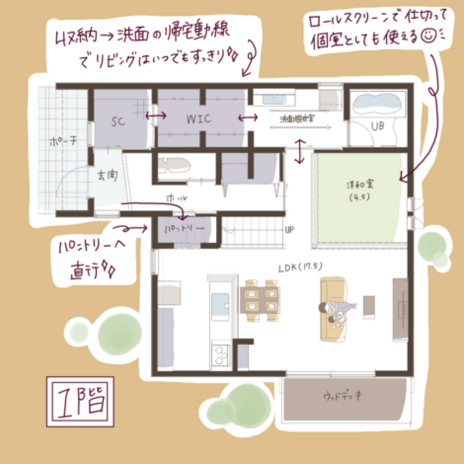 子育て安心住宅 Design Craft Office 家事一直線　23畳の開放感あふれるリビング 1階