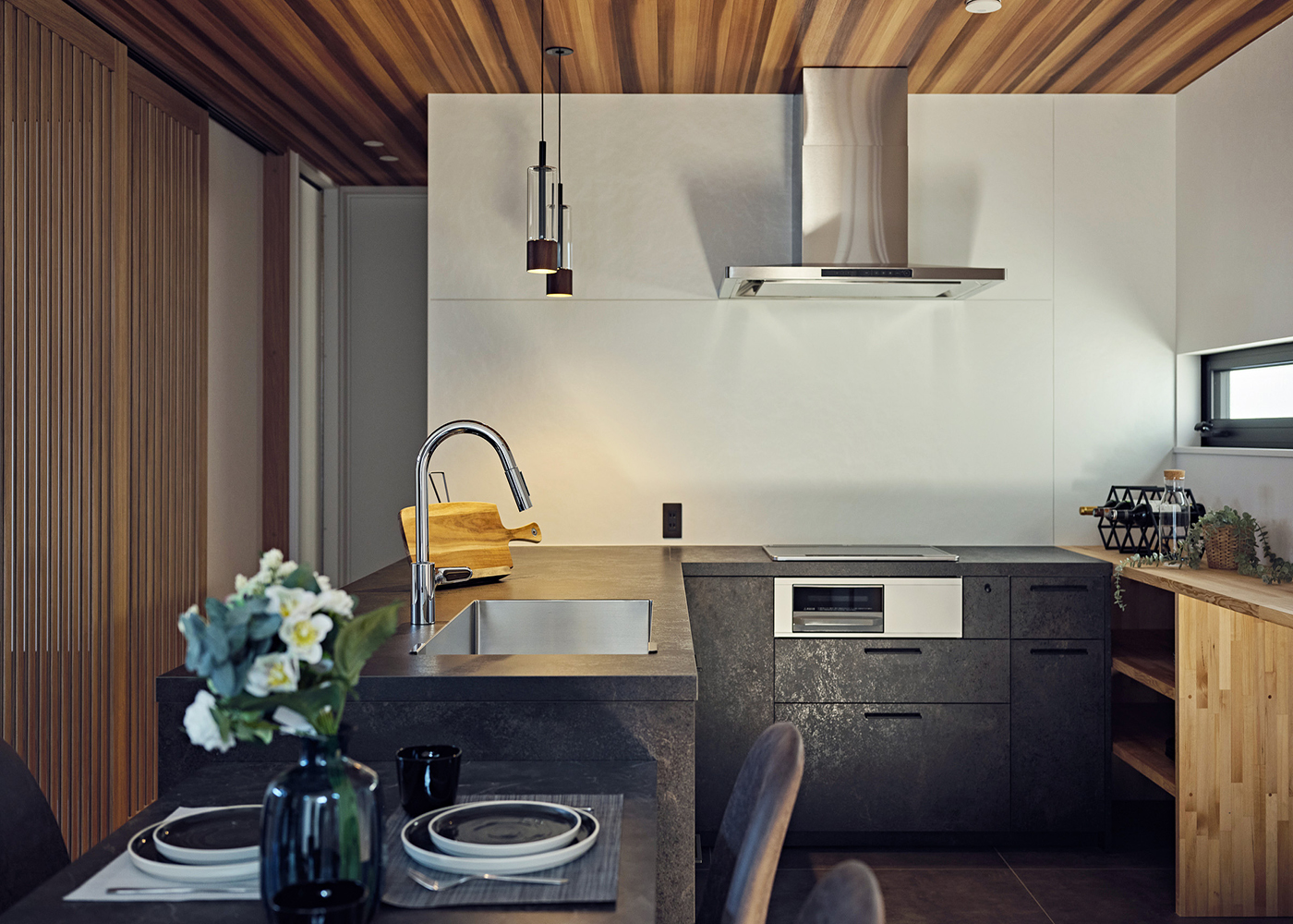 平屋建築ブルーハウス【和風、建築家、平屋】コの字の配置によって家事動線を大幅に短縮