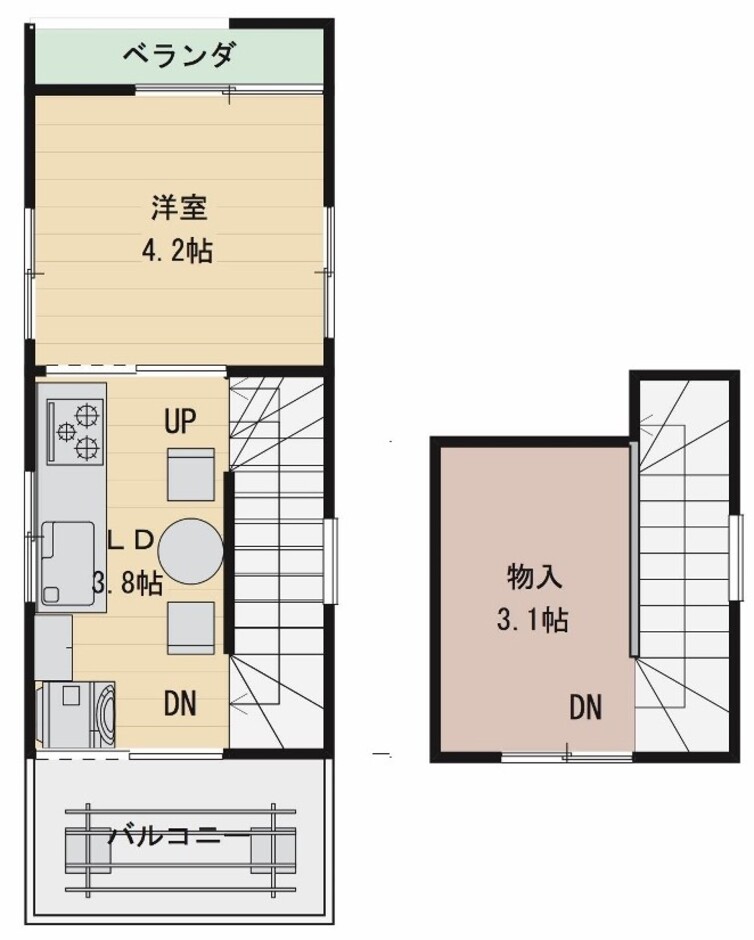 建築システム（狭小住宅専門店） プラン２１－敷地９坪 店舗兼住宅 間口２．７ｍ（１．５間）　２階建て　延床面積３６㎡（１０．９坪） ２階＋ロフト