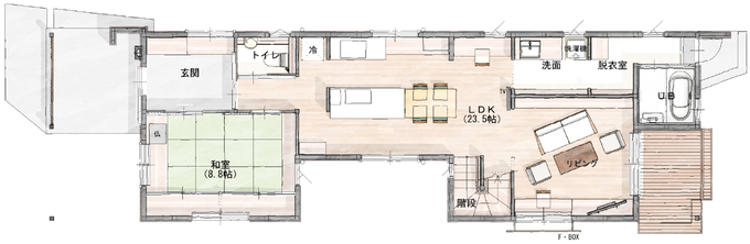 アクトホーム 【32坪/2階建】間口7mでも広々快適。家事ラク間取りで心地よく暮らす住まい 1階
