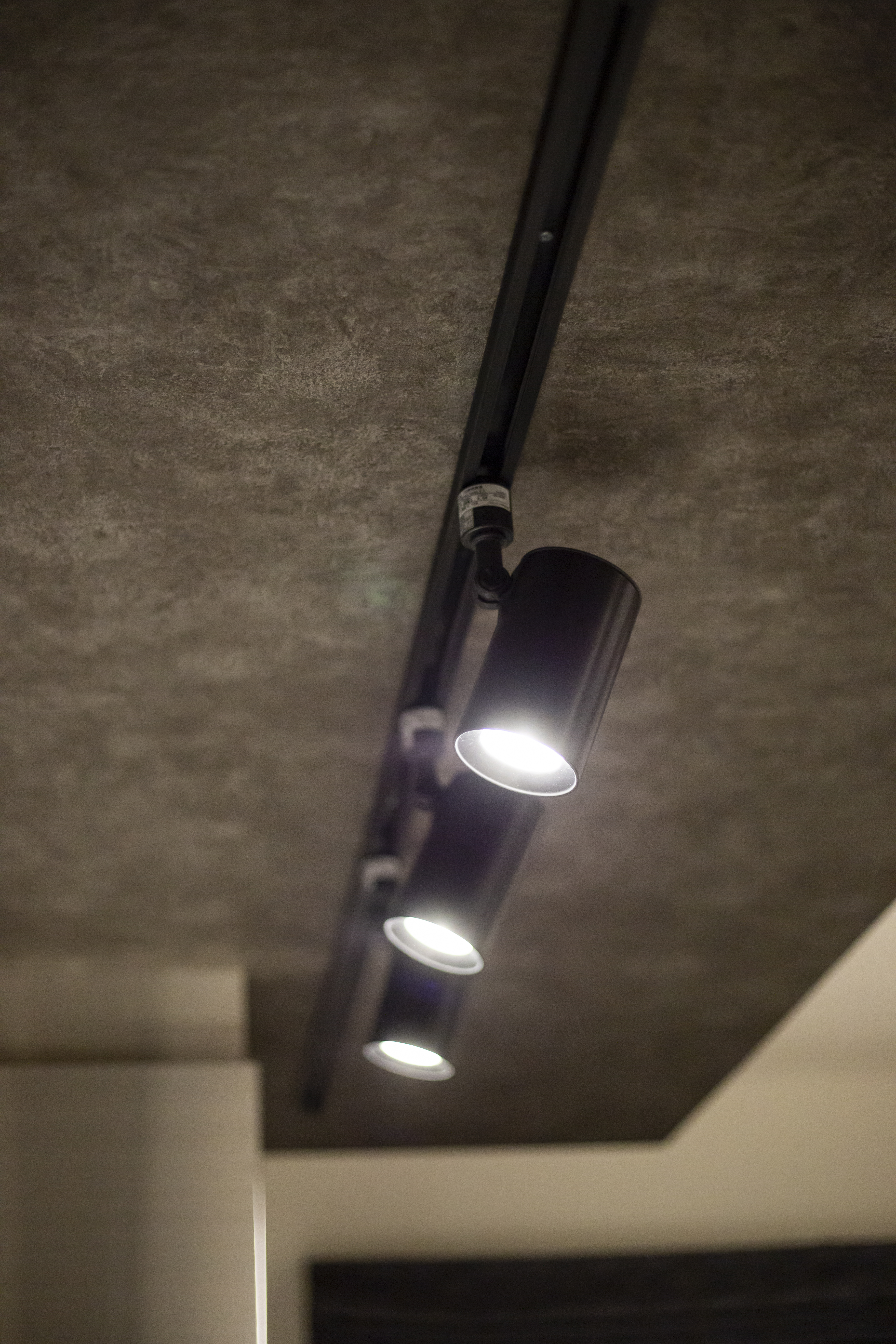 トヨタウッドユーホーム｜天井に設置されたスポットライトがおしゃれなキッチン。ライトは向きだけでなく、ダクトレールにより位置を調節することも可能です。